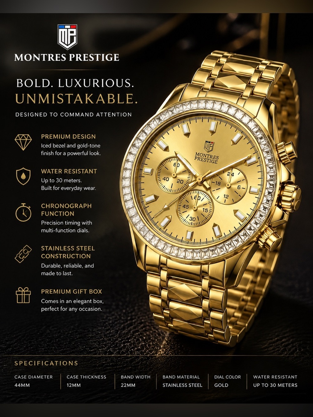 ⌚️New! Invicta x Montres Prestige Men's Gold Chronograph Watch